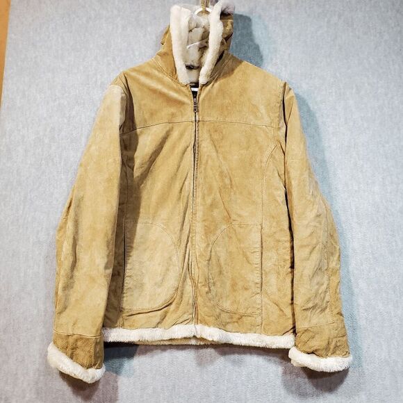 Adler Coat Womens Large Tan Suede Leather Linen Faux Fur Hooded Full Zip Vintage - Picture 1 of 12
